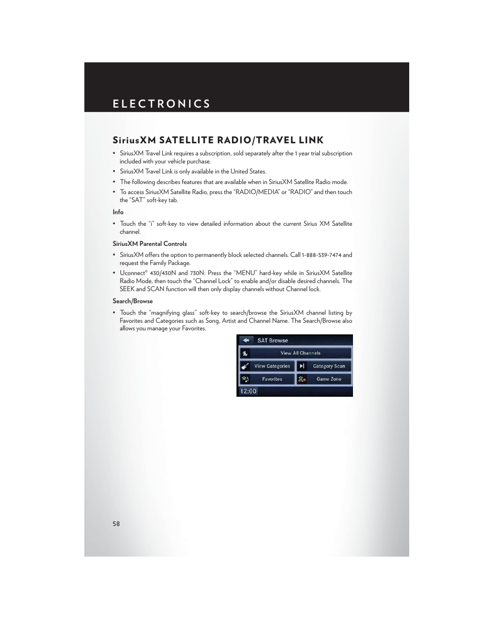 Siriusxm satellite radio/travel link | Chrysler 2014 200 Convertible - User Guide User Manual | Page 60 / 124