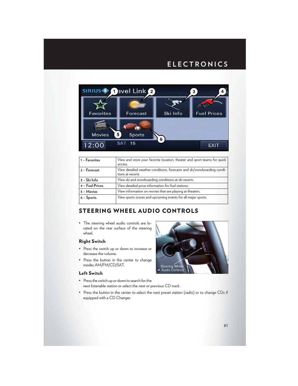 Steering wheel audio controls, Right switch, Left switch | Chrysler 2014 200 Convertible - User Guide User Manual | Page 63 / 124