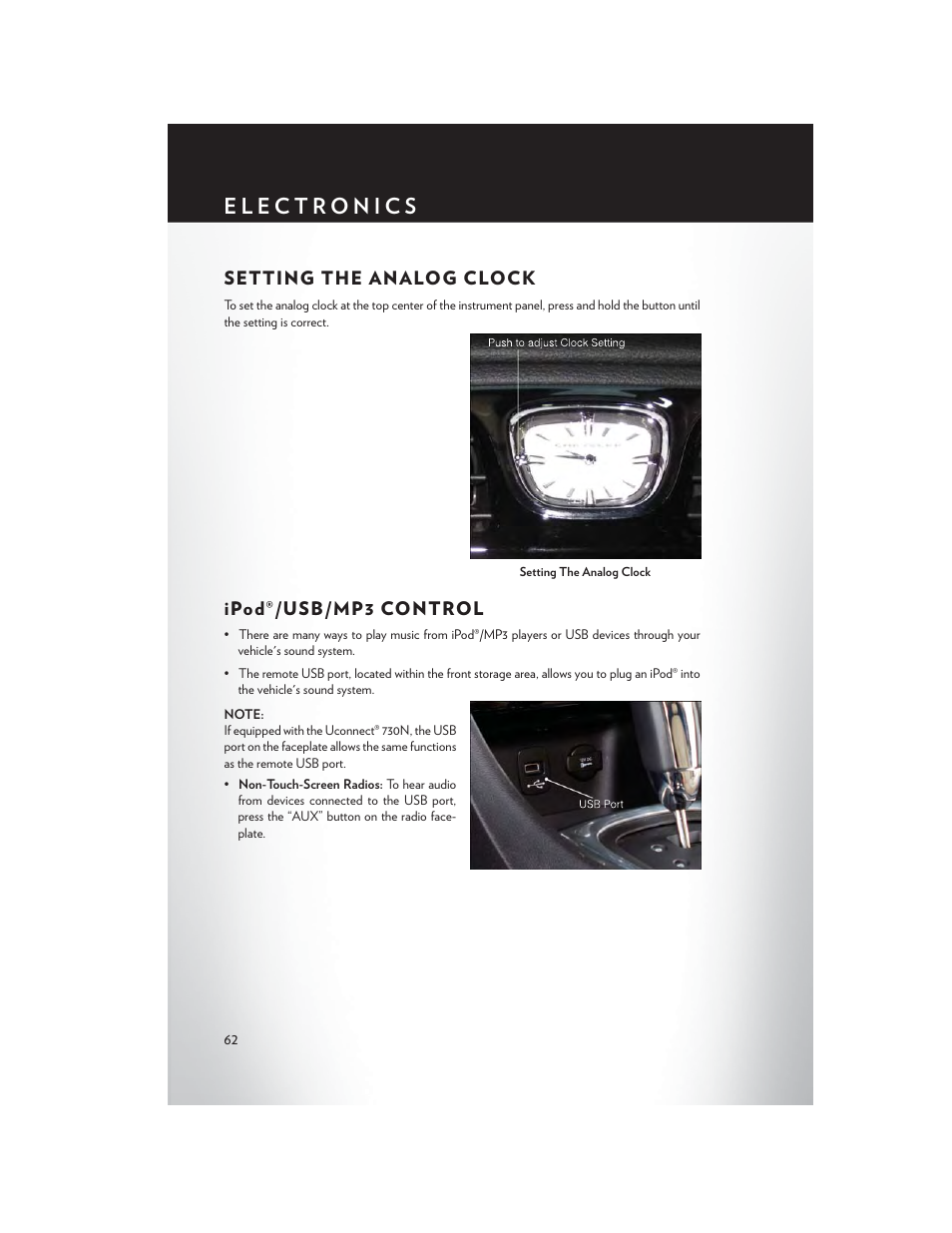 Setting the analog clock, Ipod®/usb/mp3 control | Chrysler 2014 200 Convertible - User Guide User Manual | Page 64 / 124