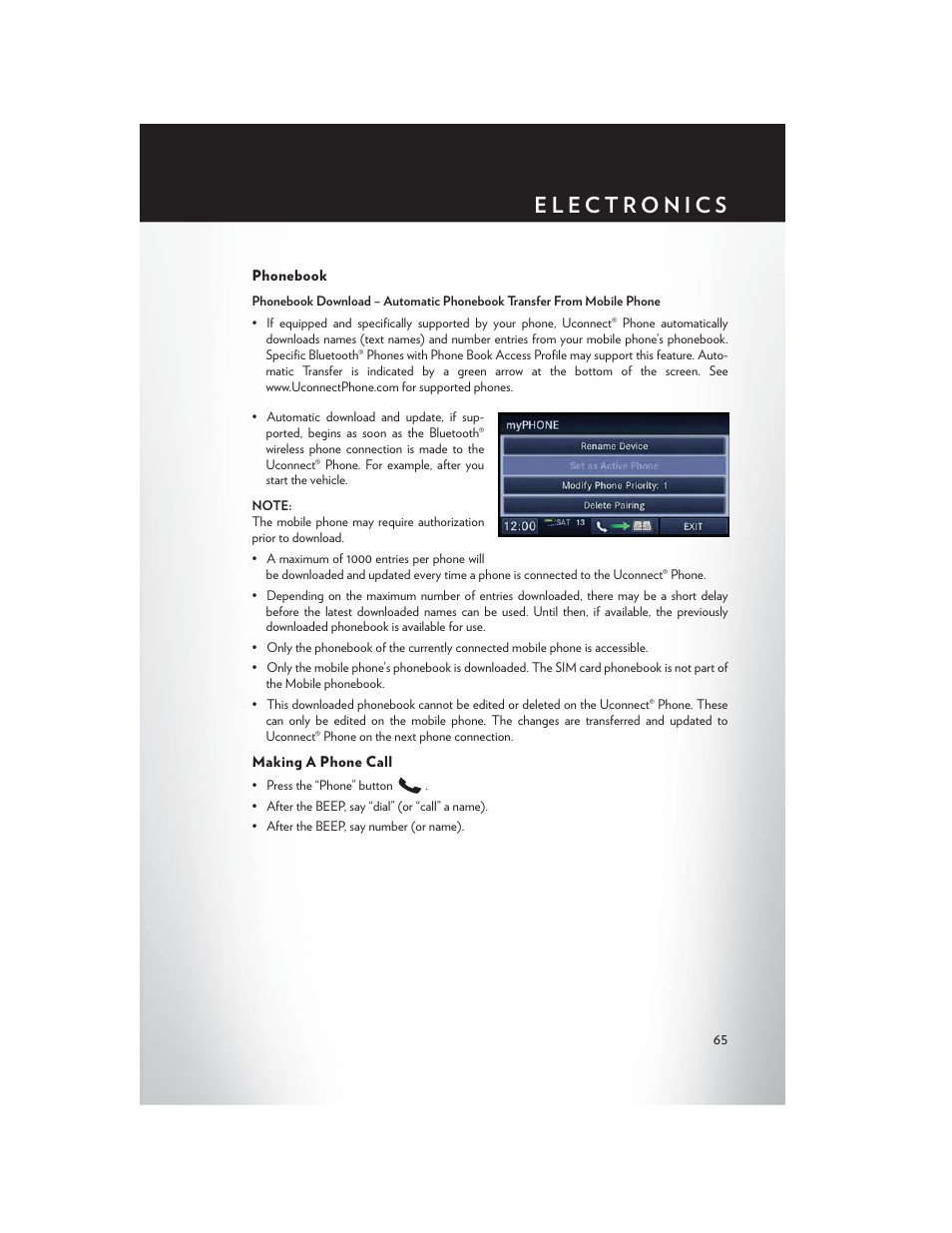 Phonebook, Making a phone call | Chrysler 2014 200 Convertible - User Guide User Manual | Page 67 / 124