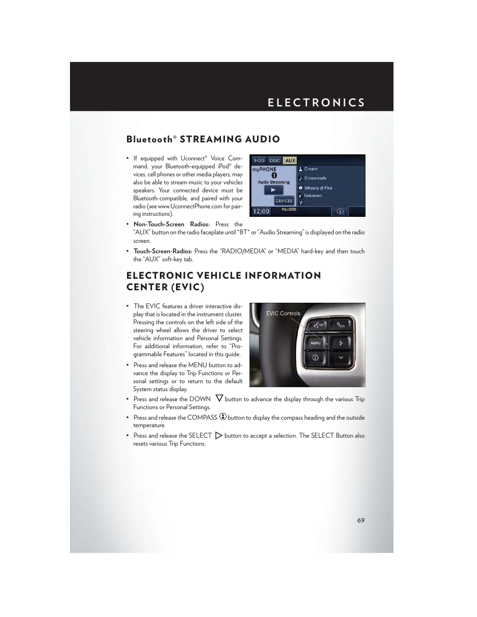 Bluetooth® streaming audio, Electronic vehicle information center (evic), Electronic vehicle information center (evic ) | Chrysler 2014 200 Convertible - User Guide User Manual | Page 71 / 124