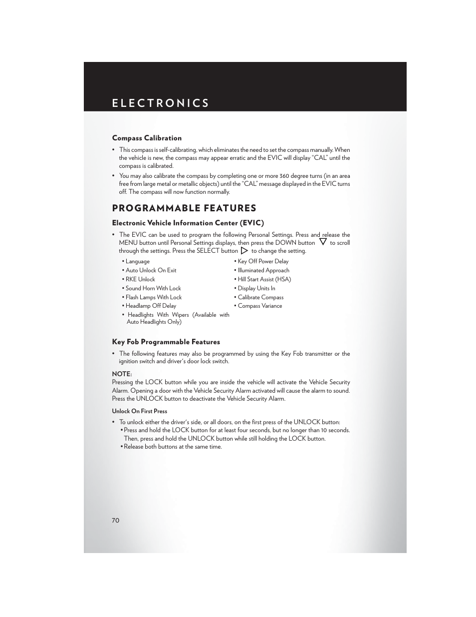 Compass calibration, Programmable features, Electronic vehicle information center (evic) | Key fob programmable features | Chrysler 2014 200 Convertible - User Guide User Manual | Page 72 / 124
