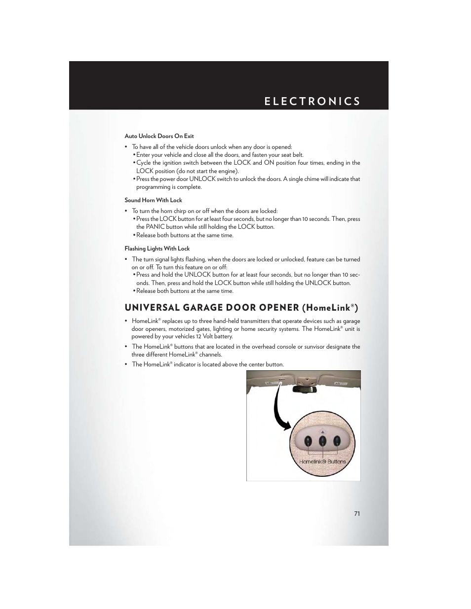 Universal garage door opener (homelink®) | Chrysler 2014 200 Convertible - User Guide User Manual | Page 73 / 124