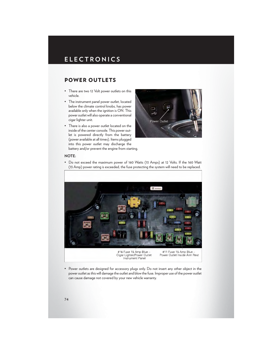 Power outlets | Chrysler 2014 200 Convertible - User Guide User Manual | Page 76 / 124
