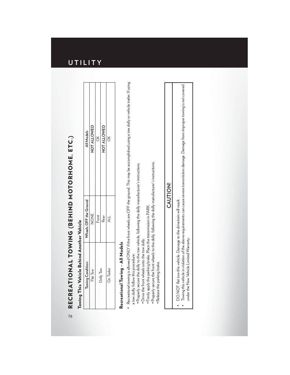 Recreational towing (behind motorhome, etc.), Towing this vehicle behind another vehicle, Recreational towing – all models | Ca ution | Chrysler 2014 200 Convertible - User Guide User Manual | Page 78 / 124