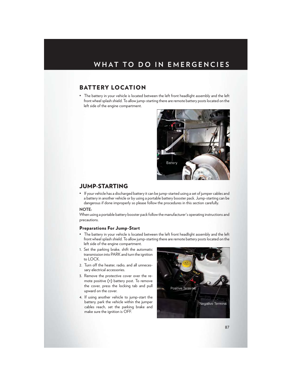 Battery location, Jump-starting, Preparations for jump-start | Battery location jump-starting | Chrysler 2014 200 Convertible - User Guide User Manual | Page 89 / 124