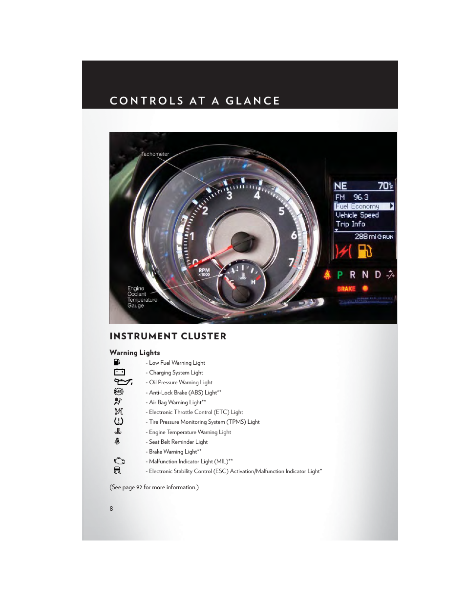 Instrument cluster, Warning lights | Chrysler 2014 Country - User Guide User Manual | Page 10 / 148