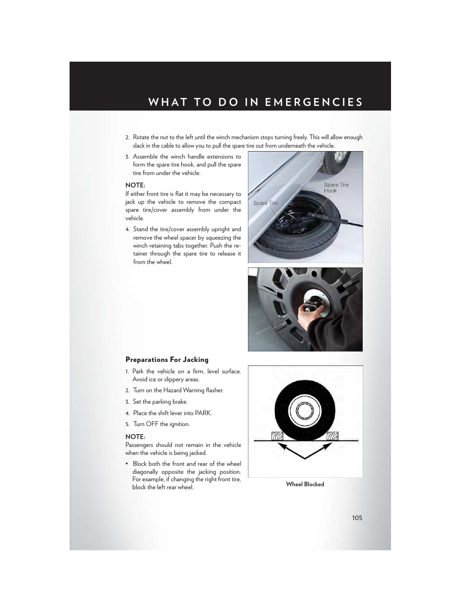 Preparations for jacking | Chrysler 2014 Country - User Guide User Manual | Page 107 / 148