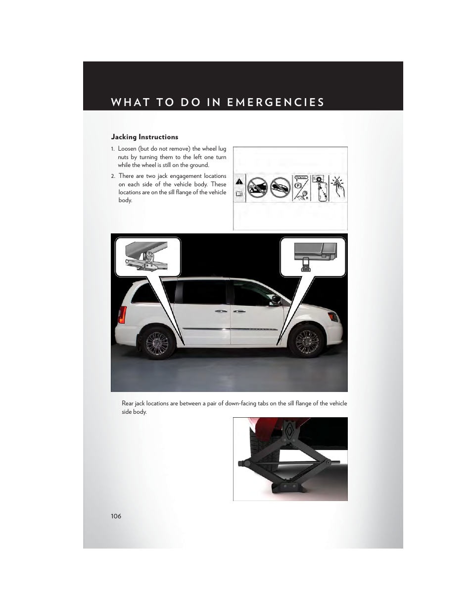 Jacking instructions | Chrysler 2014 Country - User Guide User Manual | Page 108 / 148