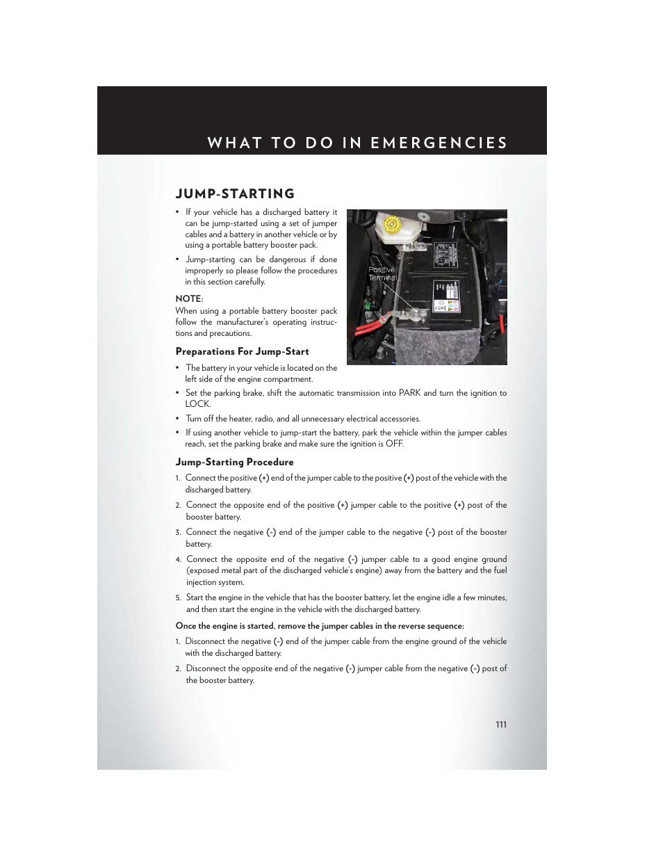 Jump-starting, Preparations for jump-start, Jump-starting procedure | Chrysler 2014 Country - User Guide User Manual | Page 113 / 148