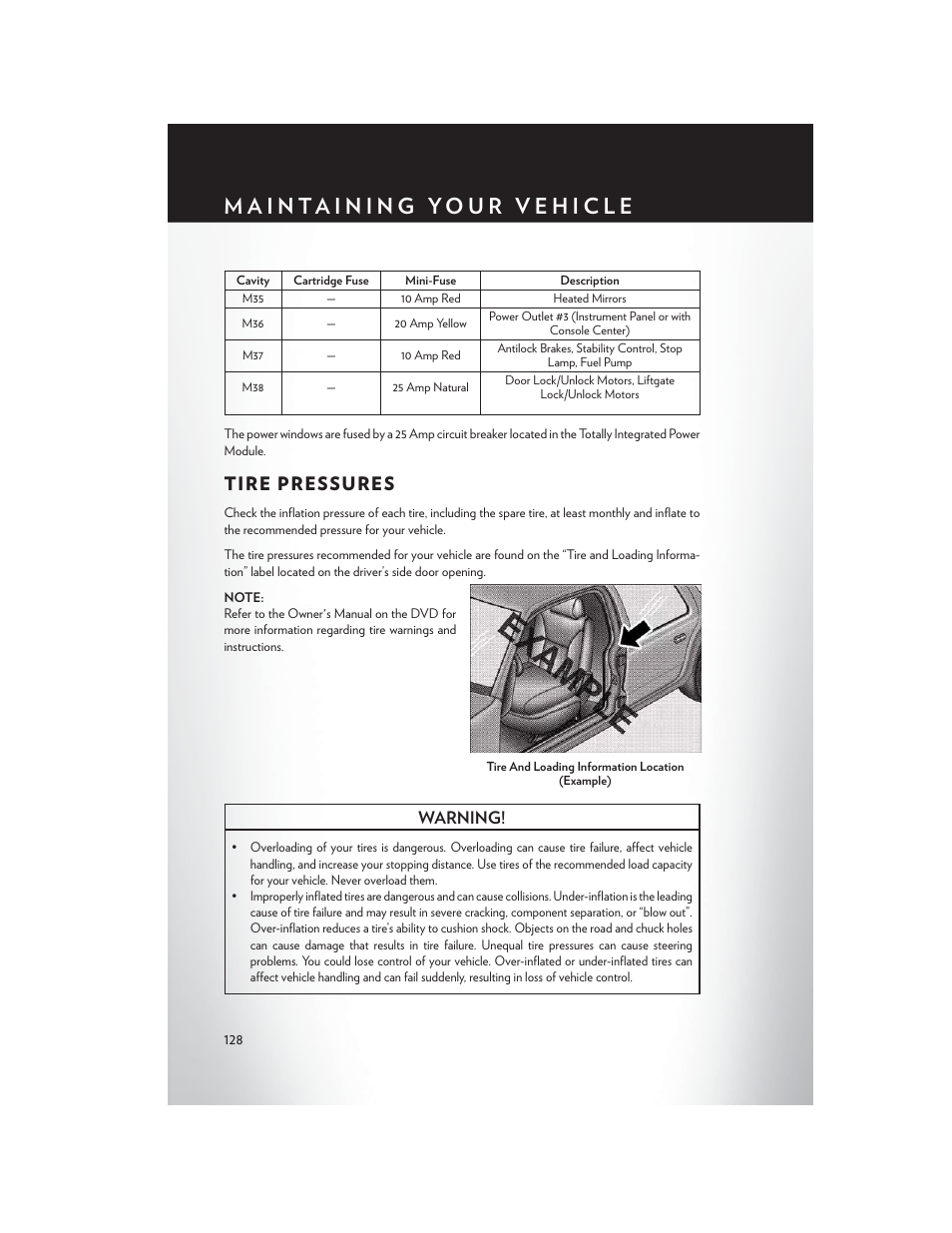 Tire pressures, Warning | Chrysler 2014 Country - User Guide User Manual | Page 130 / 148