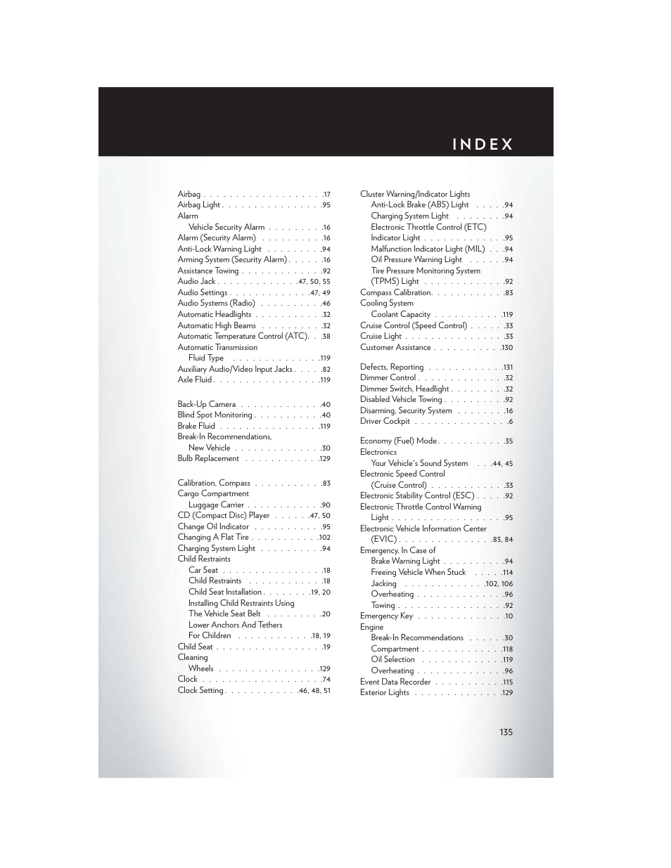 Index | Chrysler 2014 Country - User Guide User Manual | Page 137 / 148