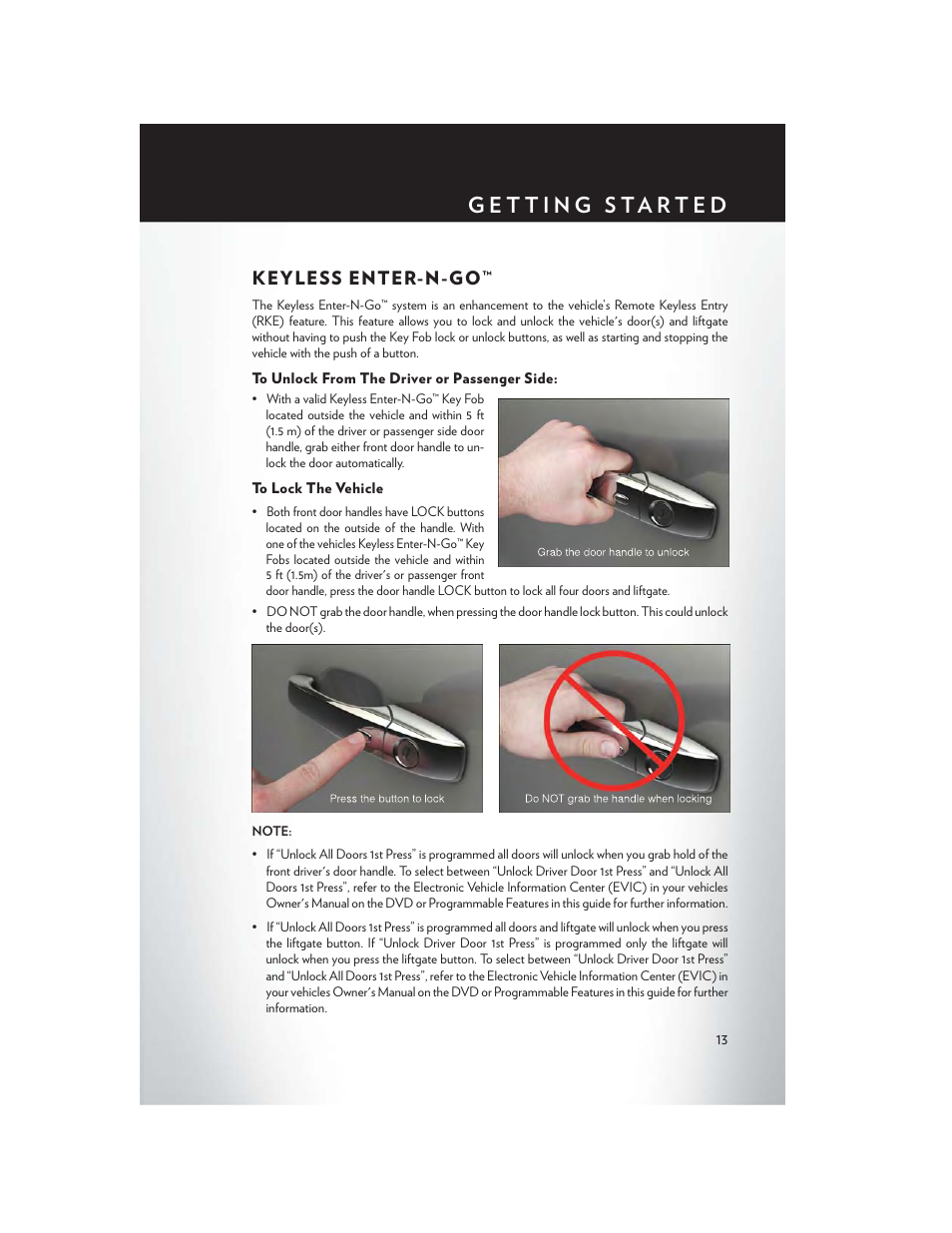 Keyless enter-n-go, To unlock from the driver or passenger side, To lock the vehicle | Chrysler 2014 Country - User Guide User Manual | Page 15 / 148