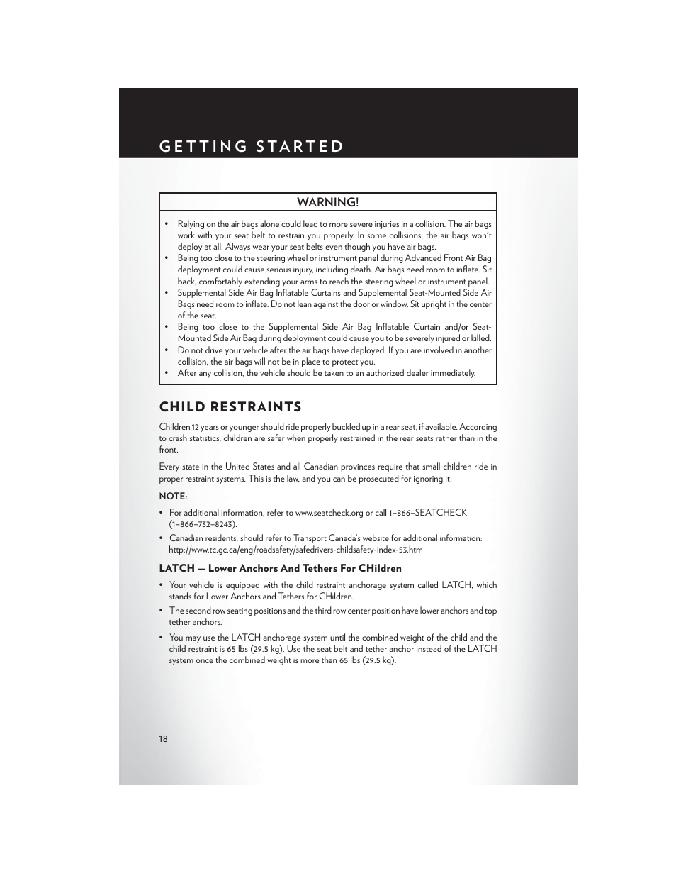 Child restraints, Latch — lower anchors and tethers for children | Chrysler 2014 Country - User Guide User Manual | Page 20 / 148