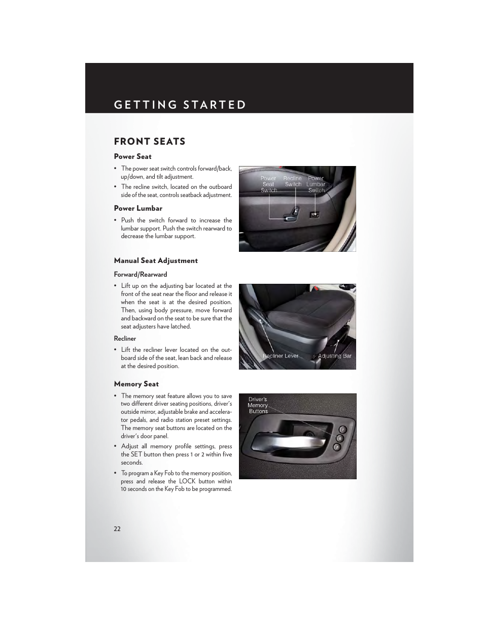 Front seats, Power seat, Power lumbar | Manual seat adjustment, Memory seat | Chrysler 2014 Country - User Guide User Manual | Page 24 / 148