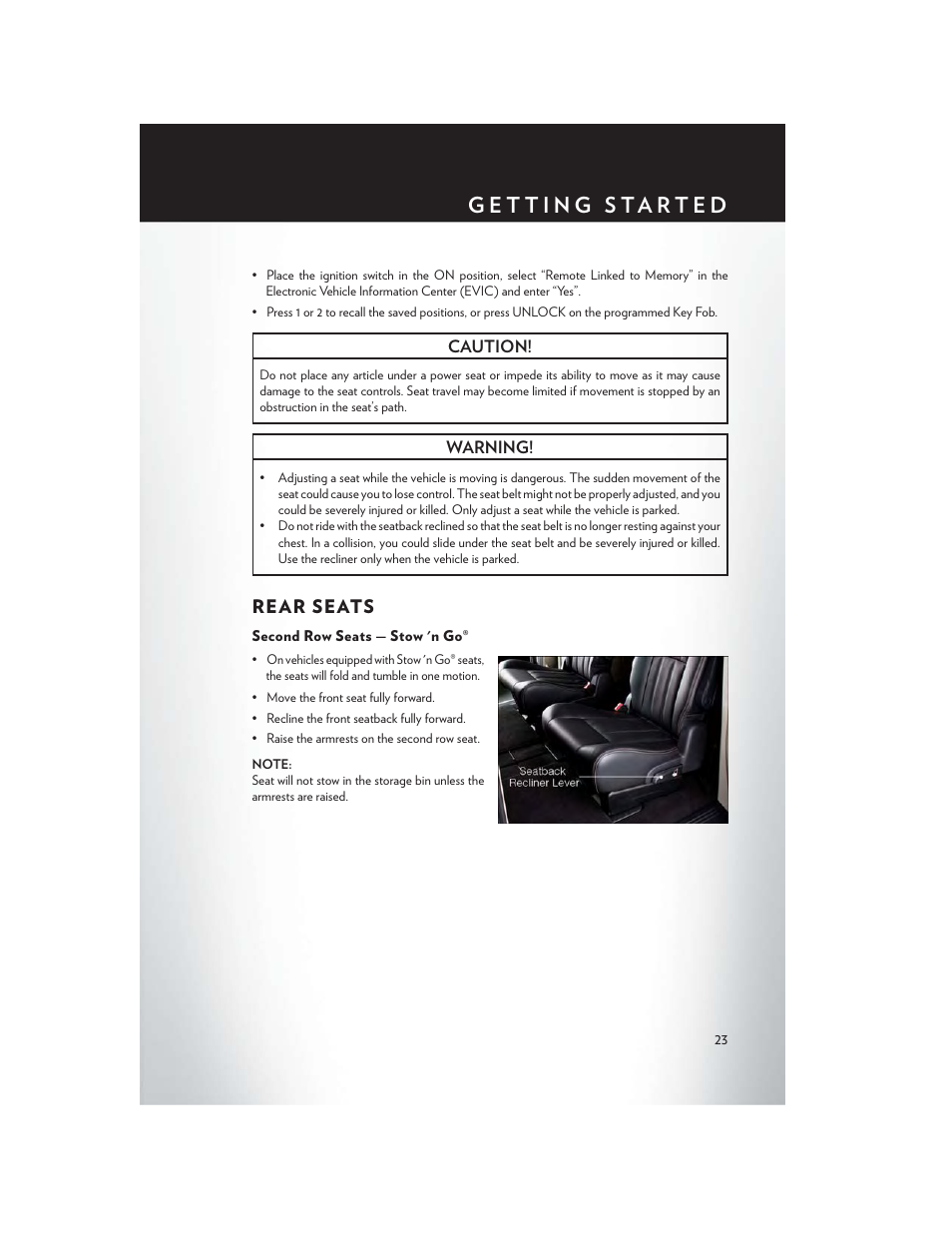 Rear seats, Second row seats — stow 'n go | Chrysler 2014 Country - User Guide User Manual | Page 25 / 148