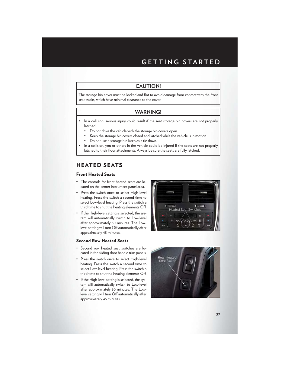 Heated seats, Front heated seats, Second row heated seats | Chrysler 2014 Country - User Guide User Manual | Page 29 / 148