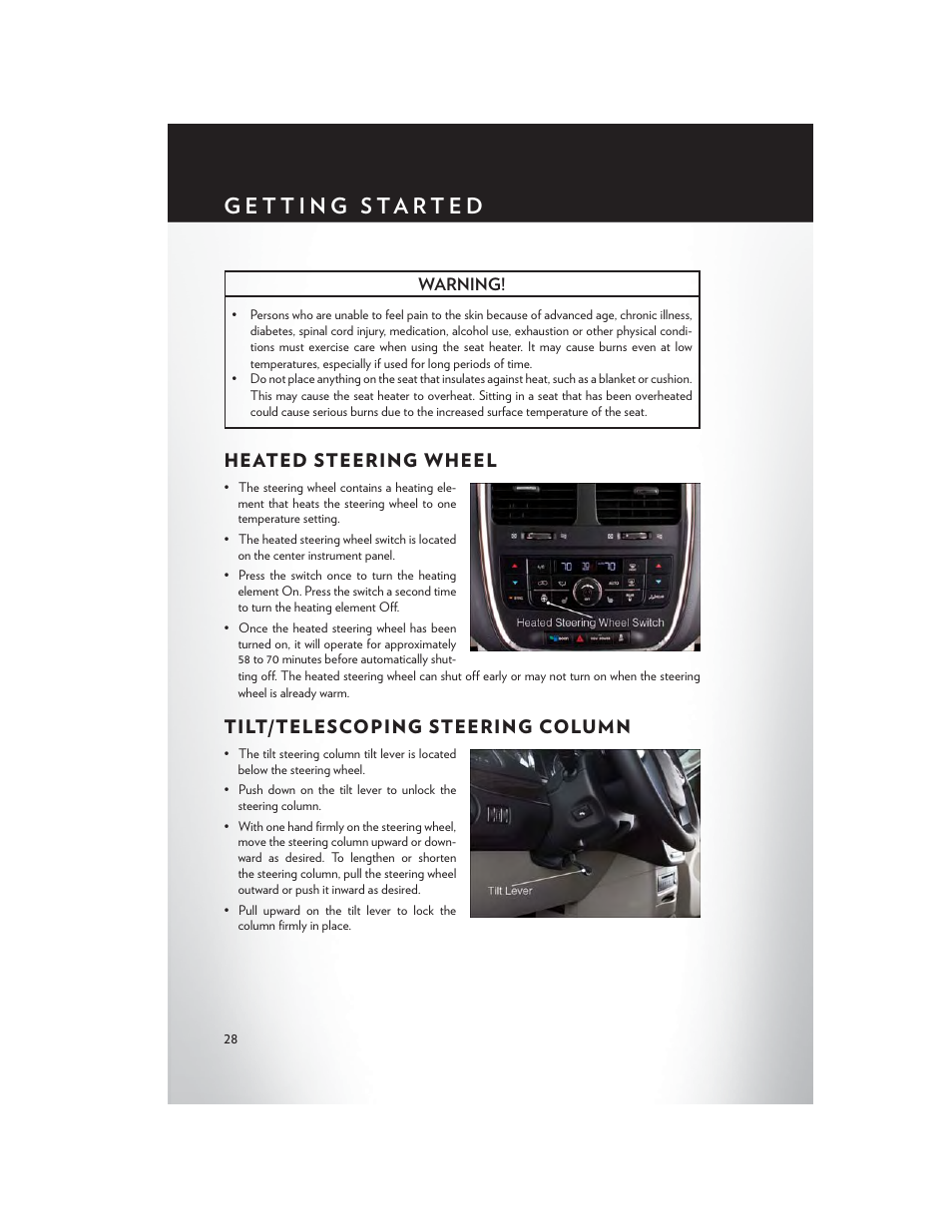 Heated steering wheel, Tilt/telescoping steering column | Chrysler 2014 Country - User Guide User Manual | Page 30 / 148