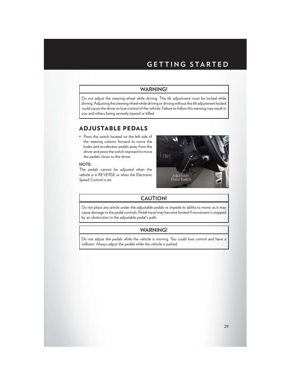 Adjustable pedals | Chrysler 2014 Country - User Guide User Manual | Page 31 / 148