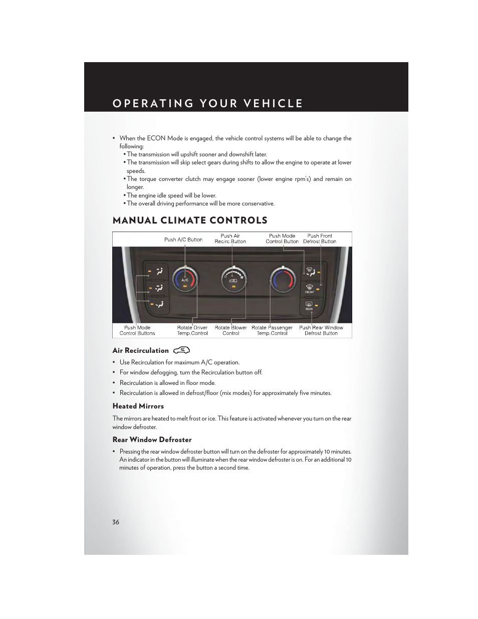 Manual climate controls, Air recirculation, Heated mirrors | Rear window defroster | Chrysler 2014 Country - User Guide User Manual | Page 38 / 148