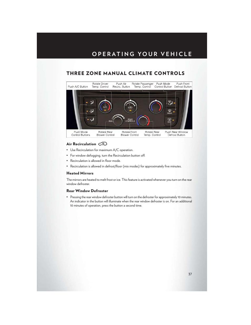 Three zone manual climate controls, Air recirculation, Heated mirrors | Rear window defroster | Chrysler 2014 Country - User Guide User Manual | Page 39 / 148