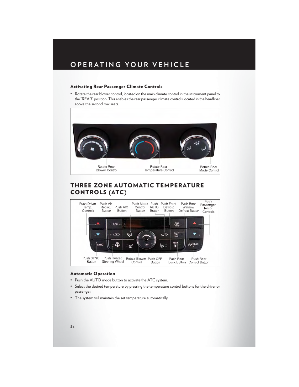 Activating rear passenger climate controls, Three zone automatic temperature controls (atc), Automatic operation | Three zone automatic temperature controls (atc ) | Chrysler 2014 Country - User Guide User Manual | Page 40 / 148