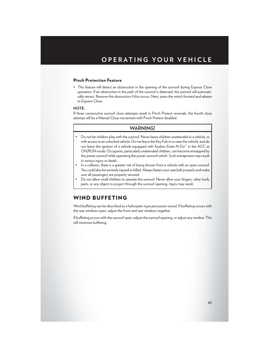 Pinch protection feature, Wind buffeting | Chrysler 2014 Country - User Guide User Manual | Page 45 / 148