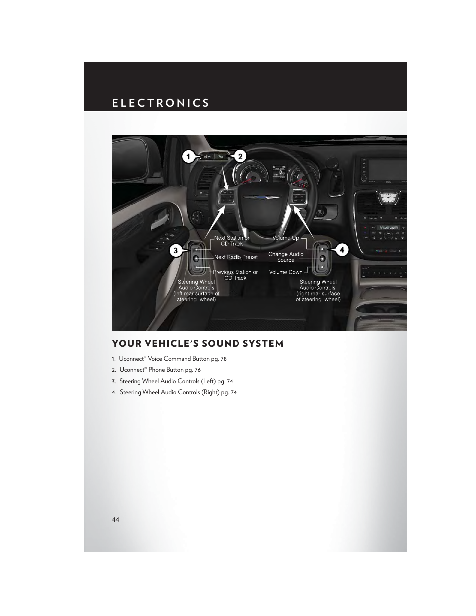 Electronics, Your vehicle's sound system | Chrysler 2014 Country - User Guide User Manual | Page 46 / 148