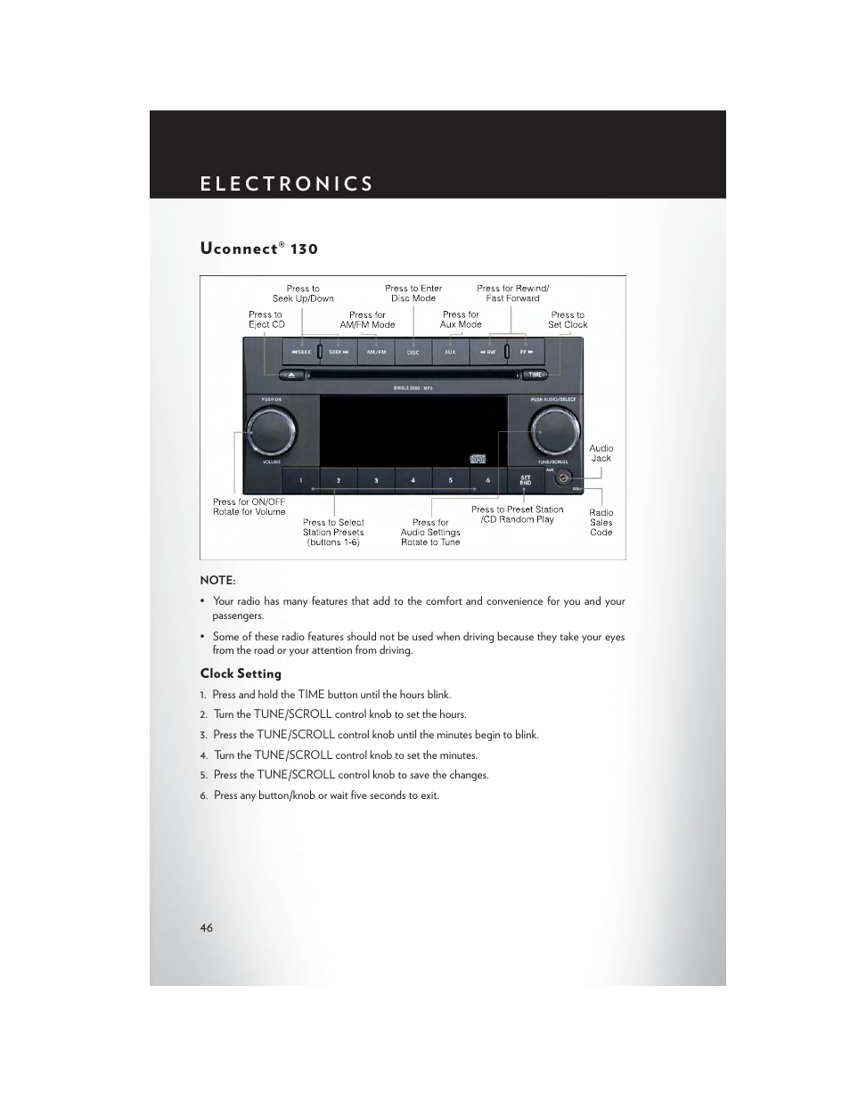 Uconnect® 130, Clock setting | Chrysler 2014 Country - User Guide User Manual | Page 48 / 148