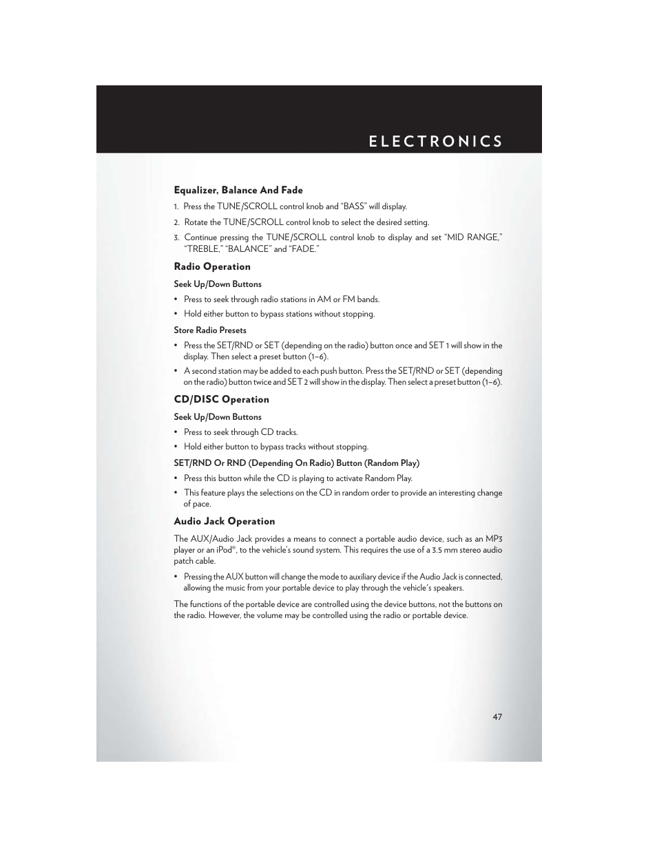 Equalizer, balance and fade, Radio operation, Cd/disc operation | Audio jack operation | Chrysler 2014 Country - User Guide User Manual | Page 49 / 148