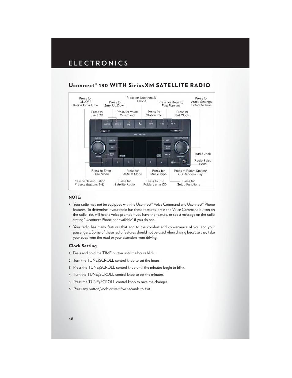 Uconnect® 130 with siriusxm satellite radio, Clock setting | Chrysler 2014 Country - User Guide User Manual | Page 50 / 148