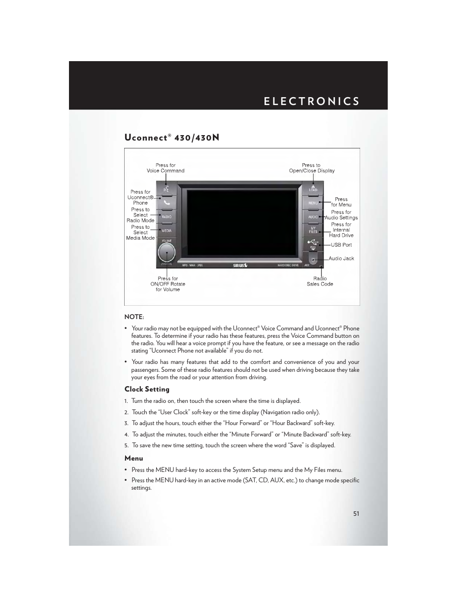 Uconnect® 430/430n, Clock setting, Menu | Chrysler 2014 Country - User Guide User Manual | Page 53 / 148