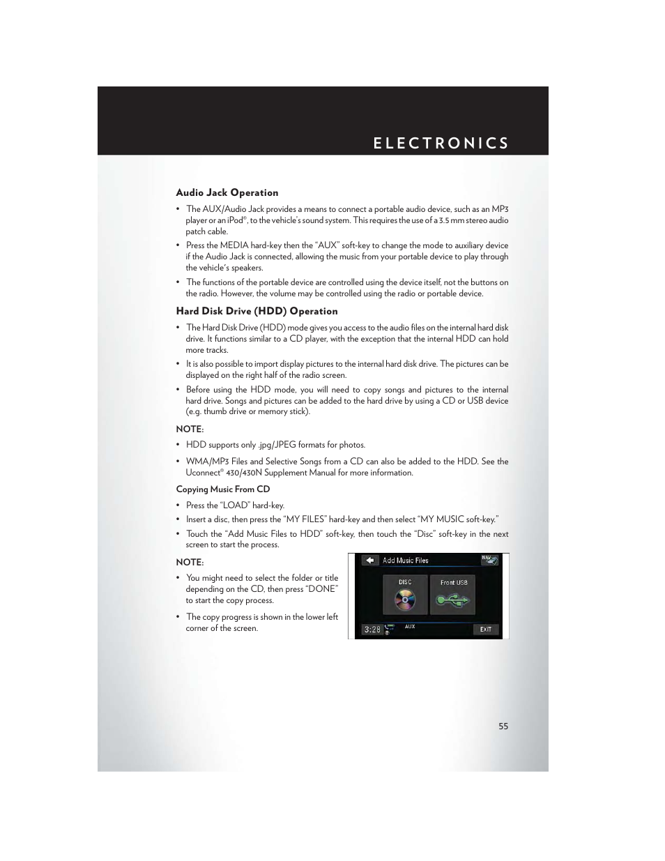 Audio jack operation, Hard disk drive (hdd) operation | Chrysler 2014 Country - User Guide User Manual | Page 57 / 148