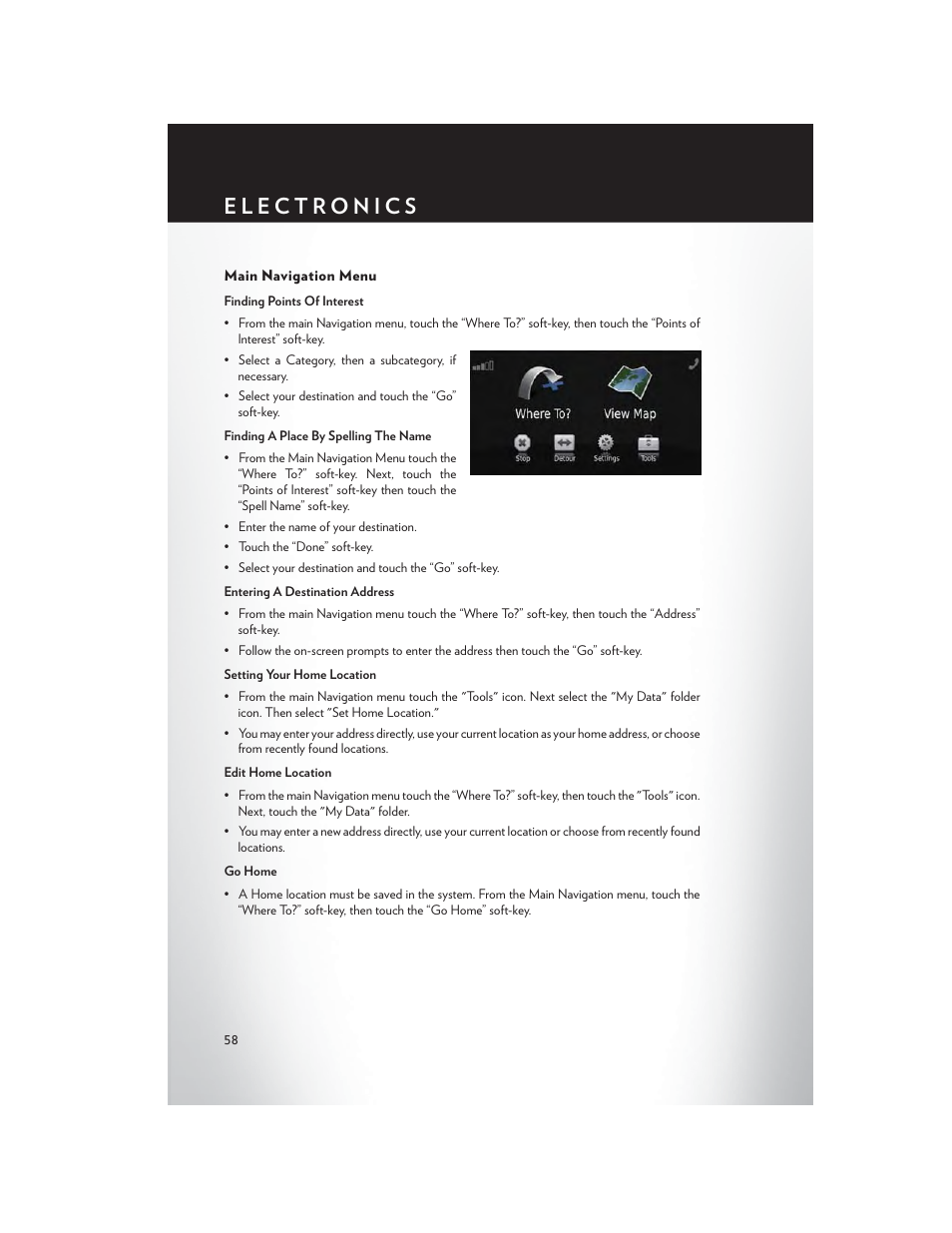 Main navigation menu | Chrysler 2014 Country - User Guide User Manual | Page 60 / 148