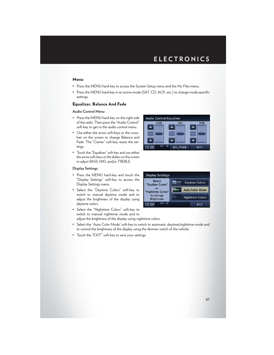 Menu, Equalizer, balance and fade | Chrysler 2014 Country - User Guide User Manual | Page 63 / 148