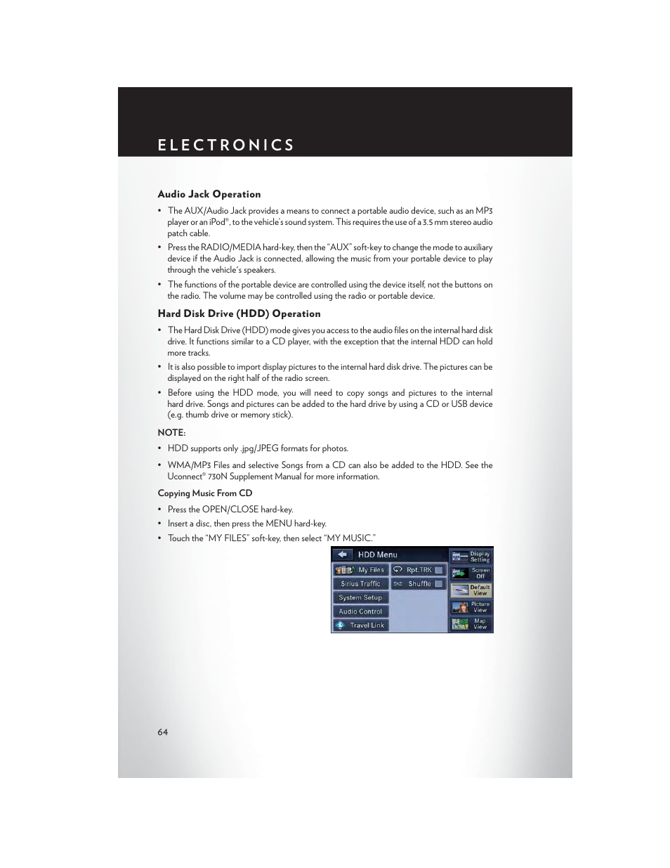 Audio jack operation, Hard disk drive (hdd) operation | Chrysler 2014 Country - User Guide User Manual | Page 66 / 148