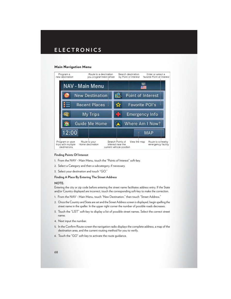 Main navigation menu | Chrysler 2014 Country - User Guide User Manual | Page 70 / 148