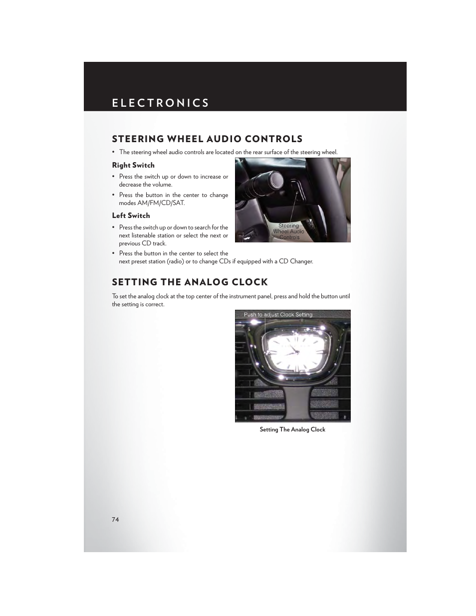 Steering wheel audio controls, Right switch, Left switch | Setting the analog clock | Chrysler 2014 Country - User Guide User Manual | Page 76 / 148