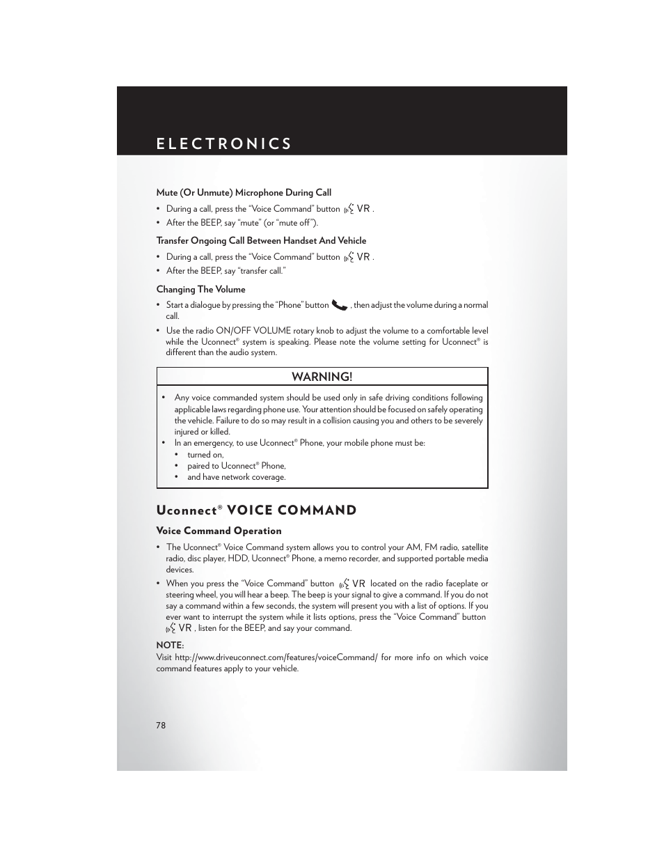 Uconnect® voice command, Voice command operation | Chrysler 2014 Country - User Guide User Manual | Page 80 / 148