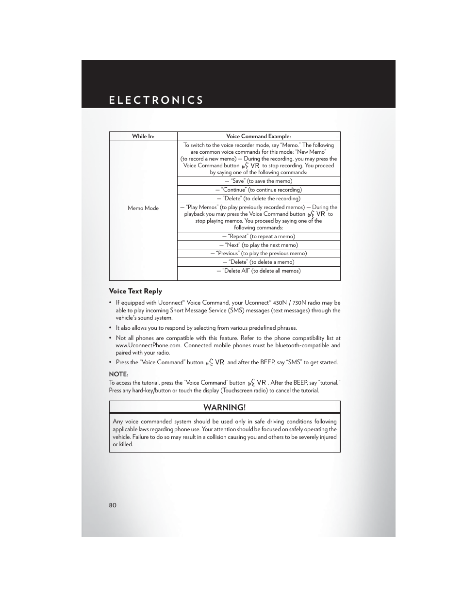 Voice text reply, Warning | Chrysler 2014 Country - User Guide User Manual | Page 82 / 148