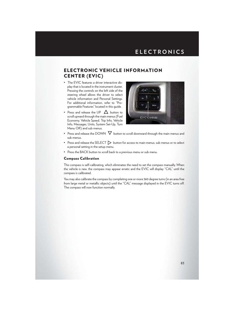 Electronic vehicle information center (evic), Compass calibration, Electronic vehicle information center (evic ) | Chrysler 2014 Country - User Guide User Manual | Page 85 / 148