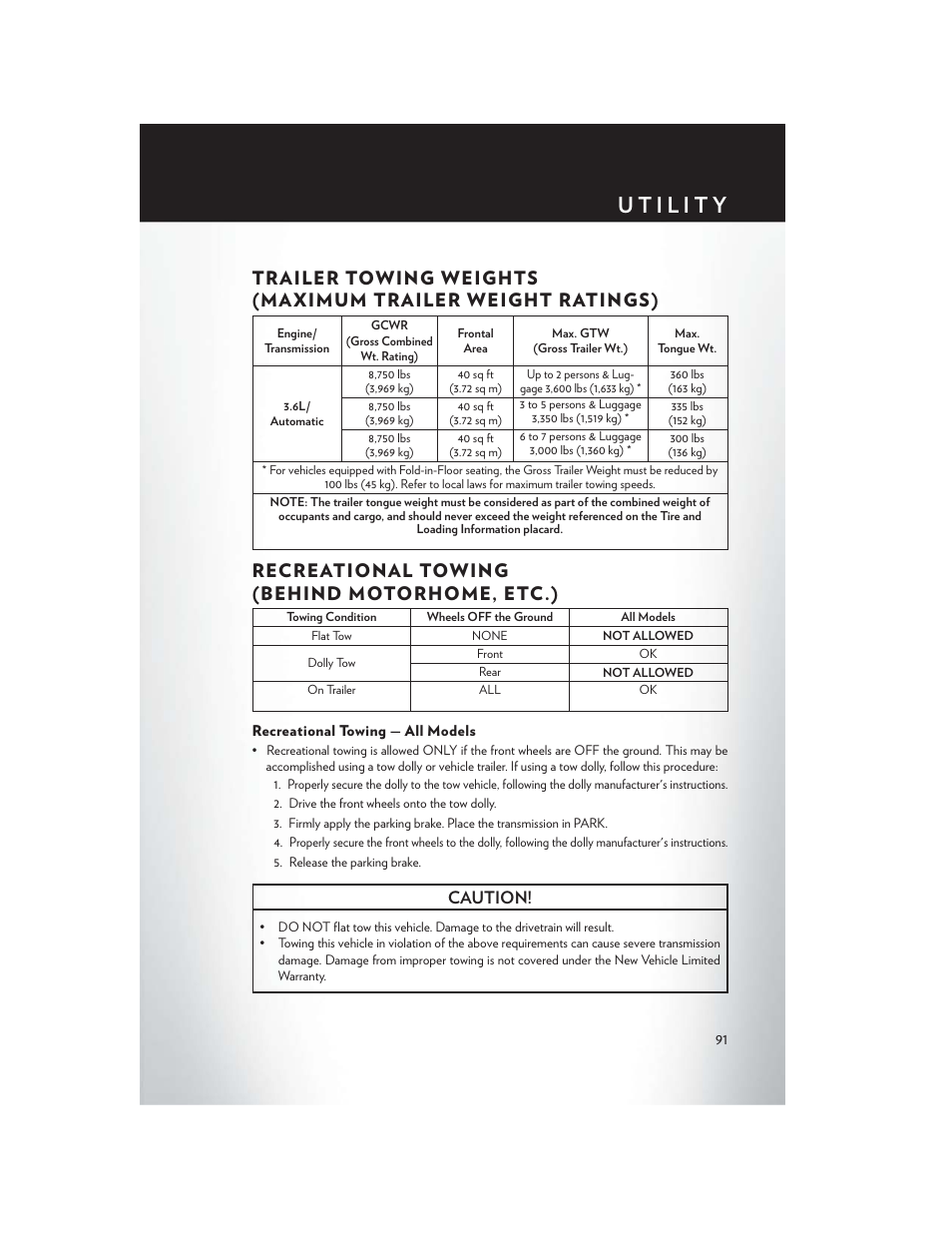 Recreational towing (behind motorhome, etc.), Recreational towing — all models, Caution | Chrysler 2014 Country - User Guide User Manual | Page 93 / 148