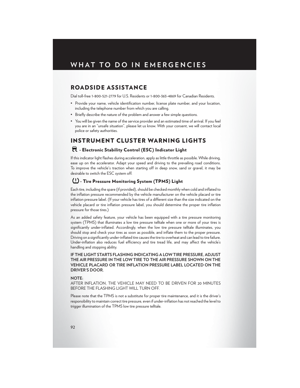 What to do in emergencies, Roadside assistance, Instrument cluster warning lights | Electronic stability control (esc) indicator light, Tire pressure monitoring system (tpms) light | Chrysler 2014 Country - User Guide User Manual | Page 94 / 148