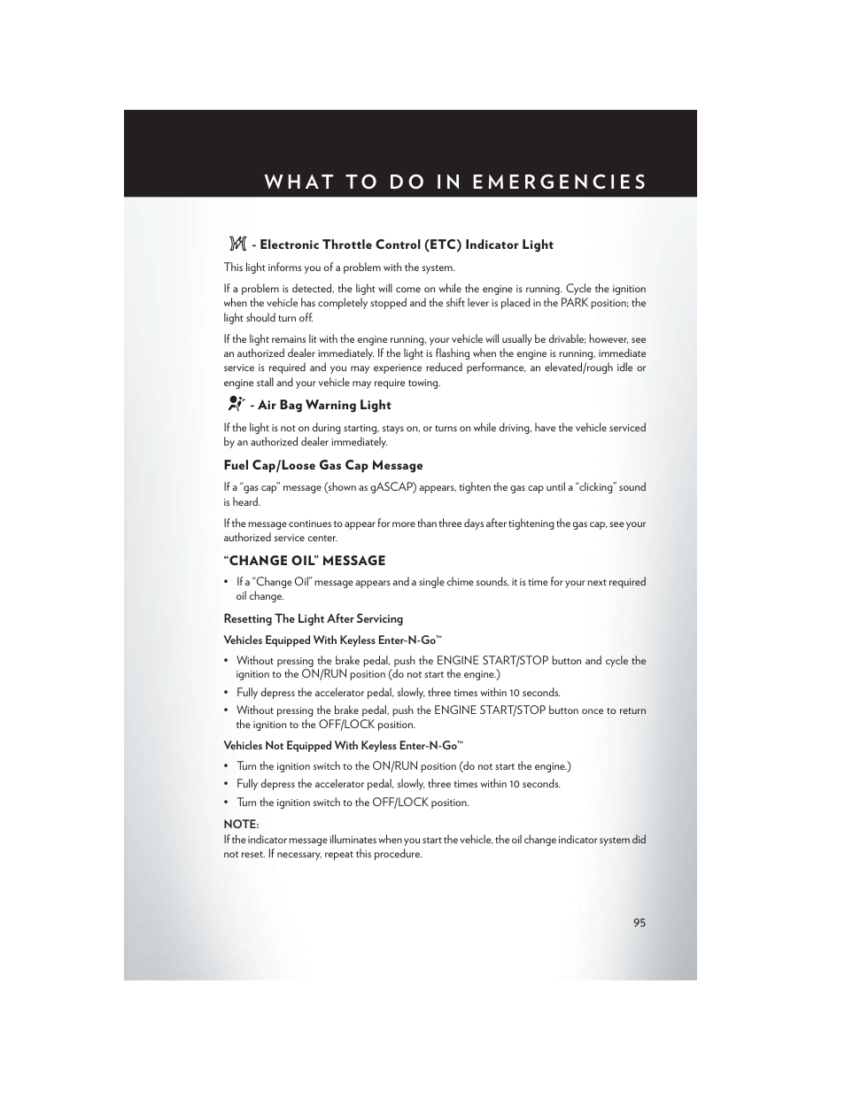 Electronic throttle control (etc) indicator light, Air bag warning light, Fuel cap/loose gas cap message | Change oil” message | Chrysler 2014 Country - User Guide User Manual | Page 97 / 148