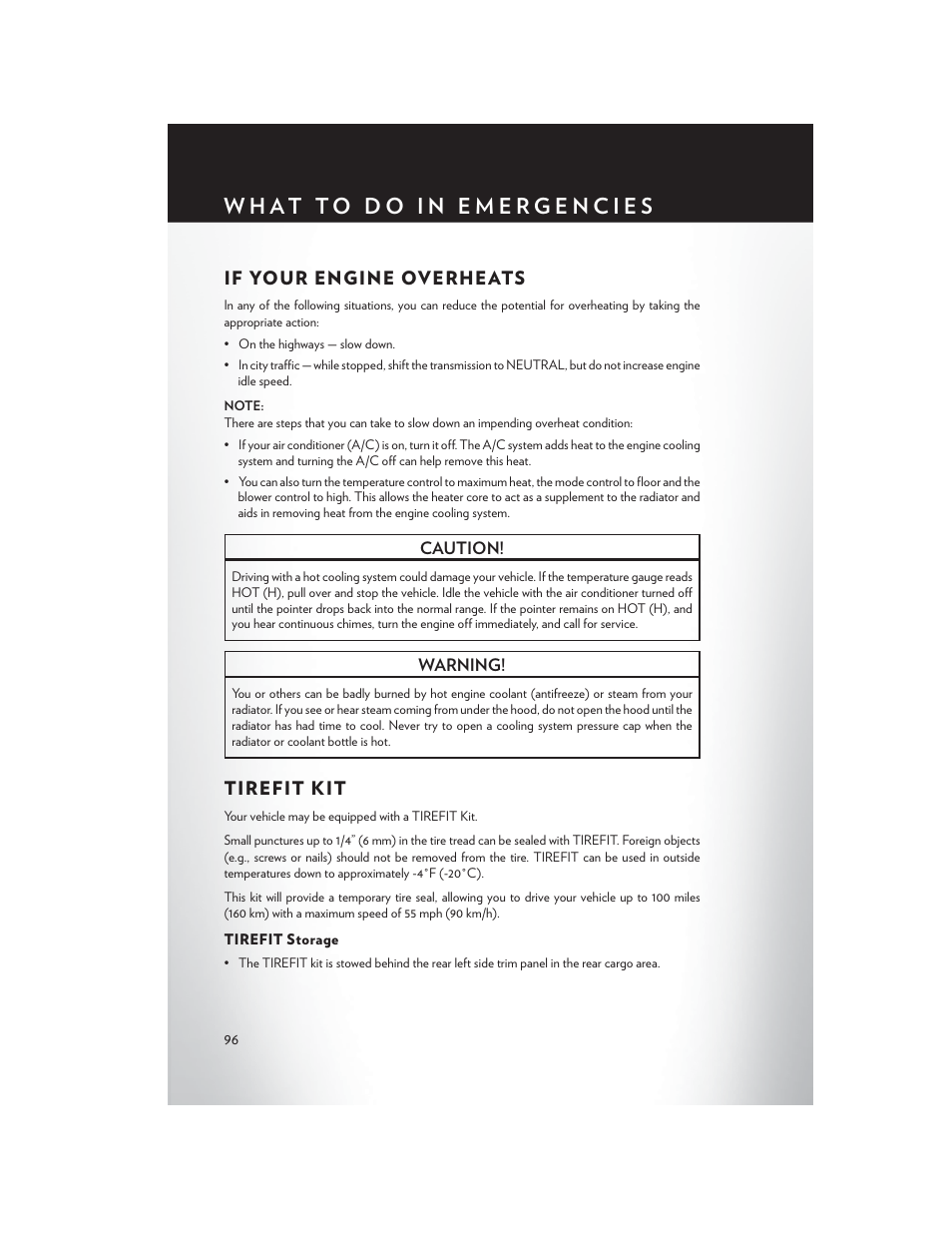 If your engine overheats, Tirefit kit, Tirefit storage | If your engine overheats tirefit kit | Chrysler 2014 Country - User Guide User Manual | Page 98 / 148