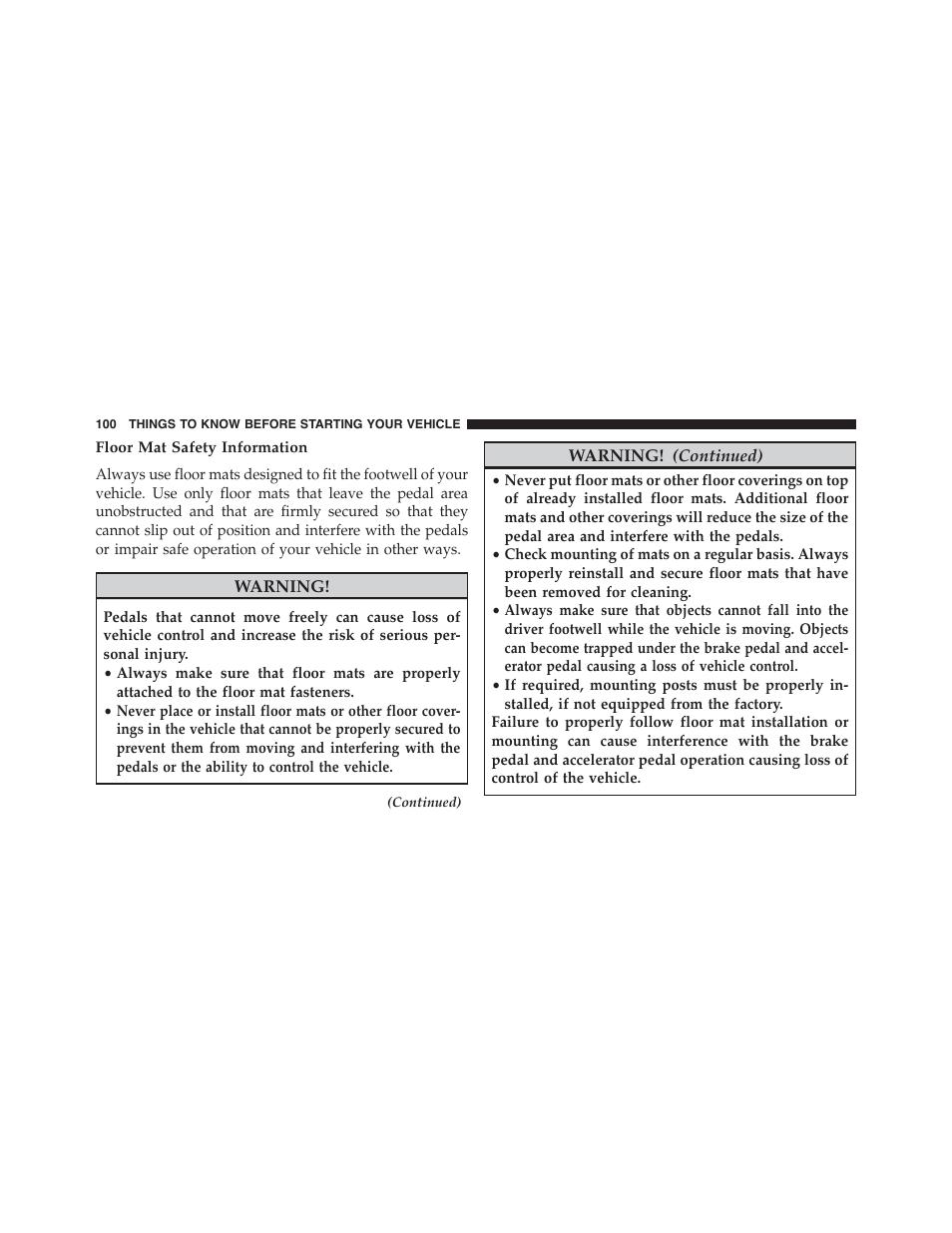 Floor mat safety information | Chrysler 2015 300 - Owner Manual User Manual | Page 102 / 584