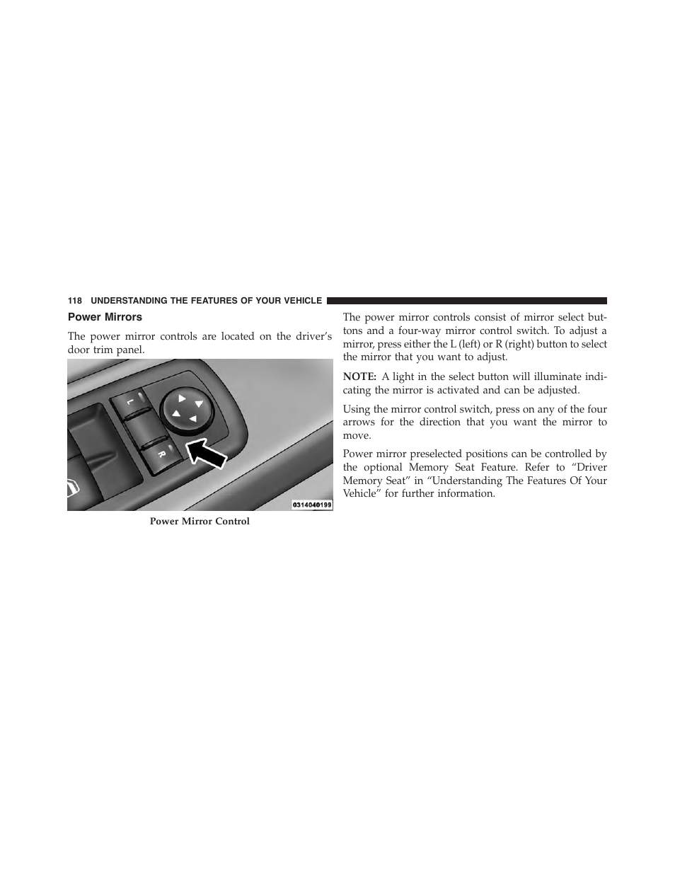 Power mirrors | Chrysler 2015 300 - Owner Manual User Manual | Page 120 / 584
