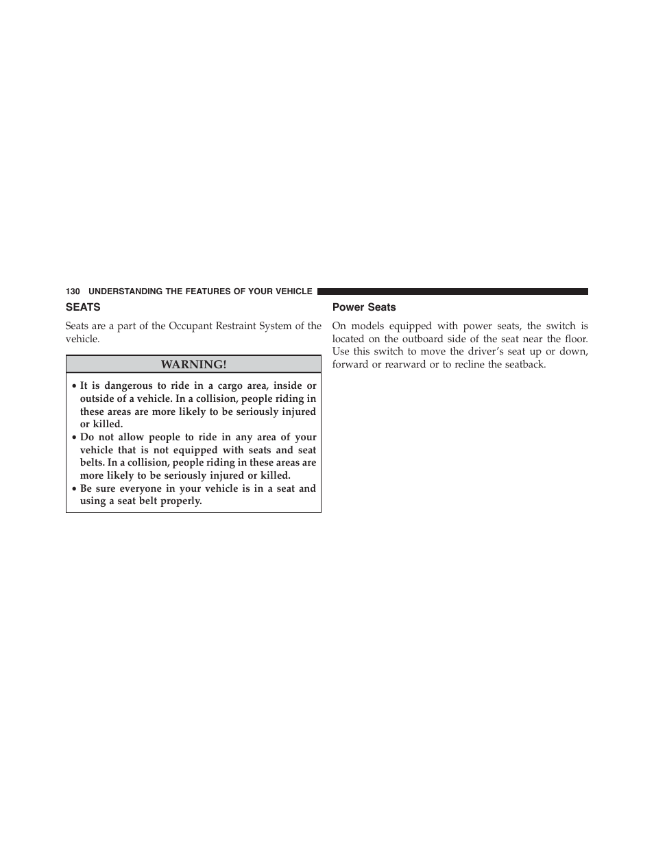 Seats, Power seats | Chrysler 2015 300 - Owner Manual User Manual | Page 132 / 584