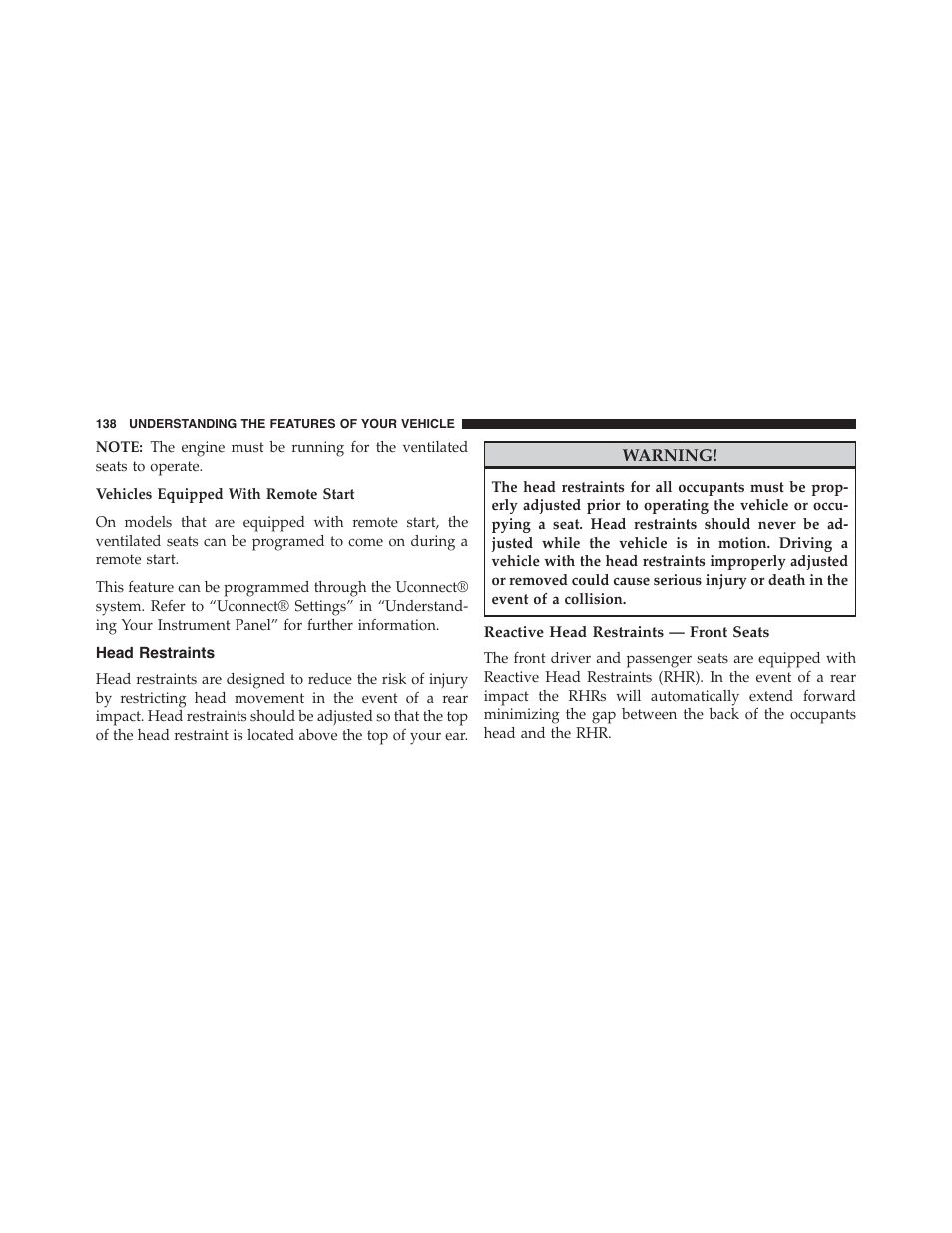 Head restraints, Reactive head restraints — front seats | Chrysler 2015 300 - Owner Manual User Manual | Page 140 / 584