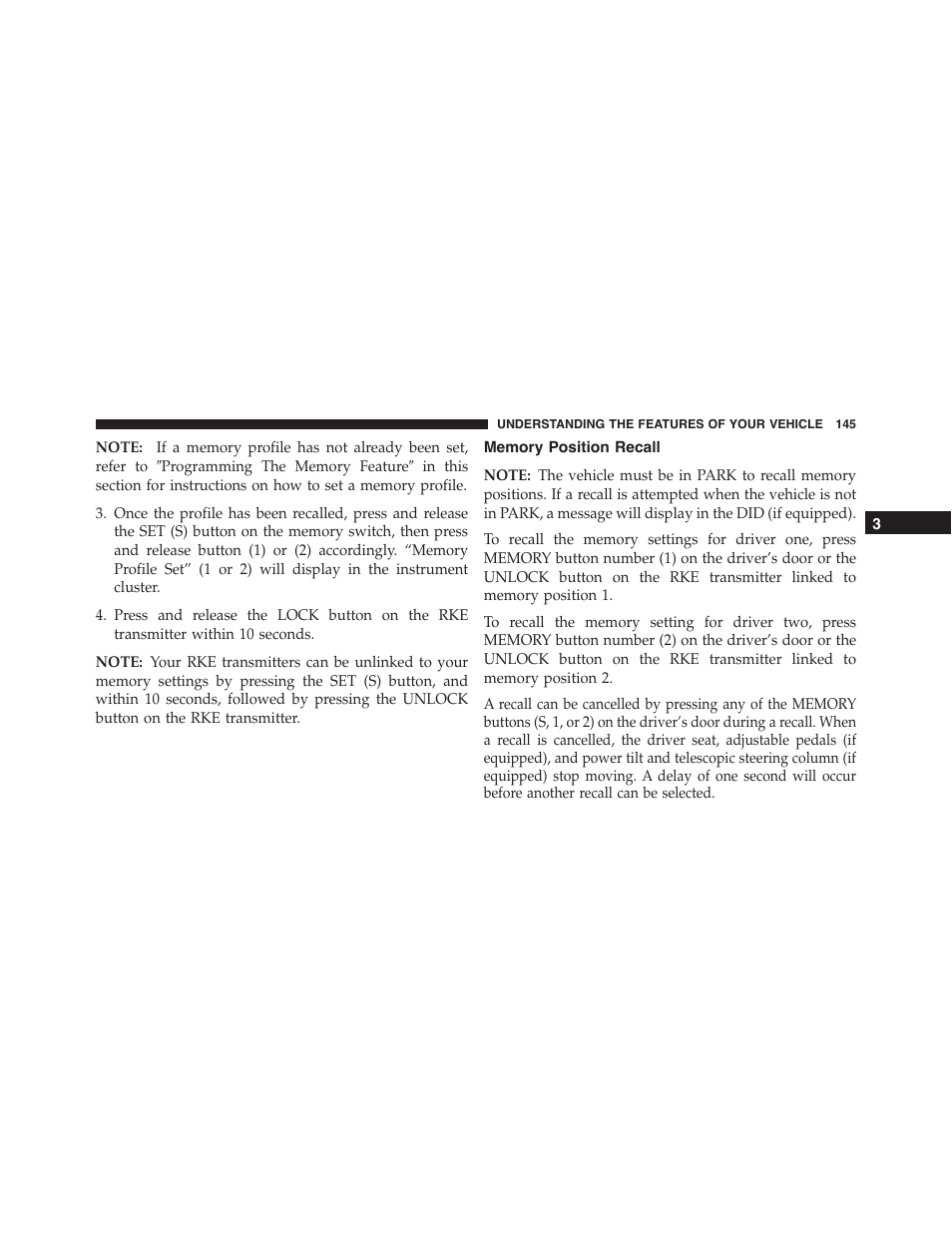 Memory position recall | Chrysler 2015 300 - Owner Manual User Manual | Page 147 / 584